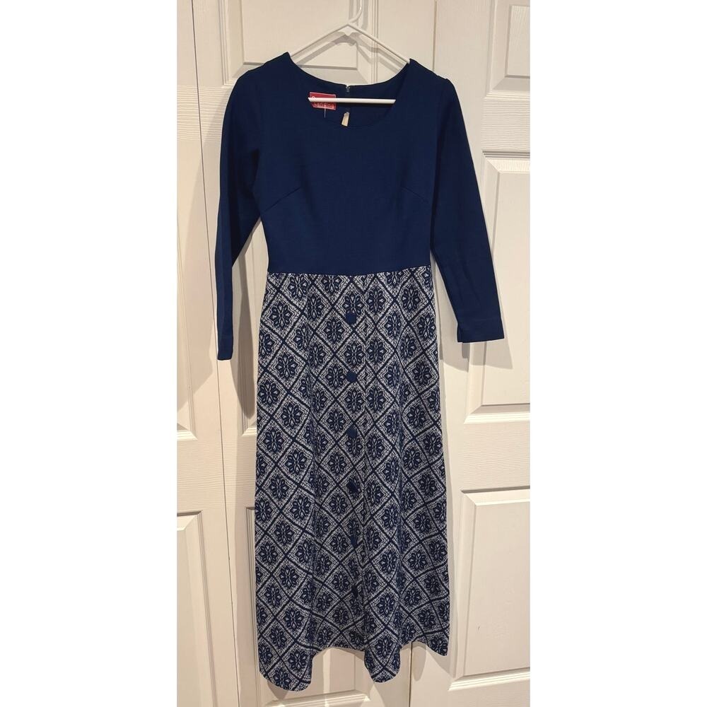 Vintage 70s Grays Landing Navy Blue Maxi Dress Geometric Print Long Sleeve